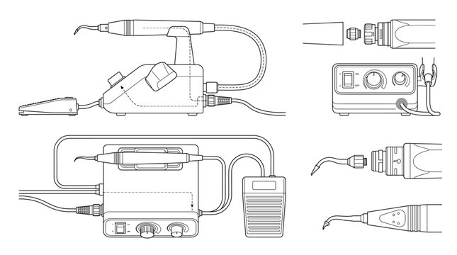 Ultrasonic scaler technical drawing blueprint with front side back and top views CAD line art vector illustration