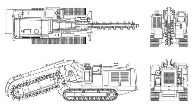 Trencher technical drawing blueprint with front side back and top views CAD line art vector illustration