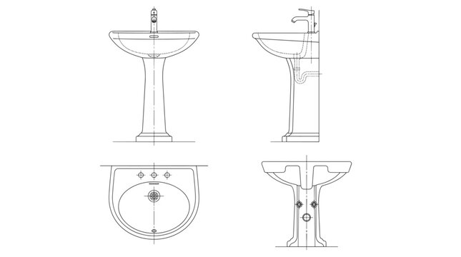 Wash basin technical drawing blueprint with front side back and top views CAD line art vector illustration