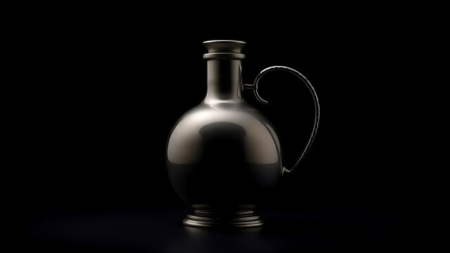 flagon. Metal flagon against dark background, rim light highlighting its curved handle and body. bar promotions, beverage menus, designed for product packaging and bar promotions.