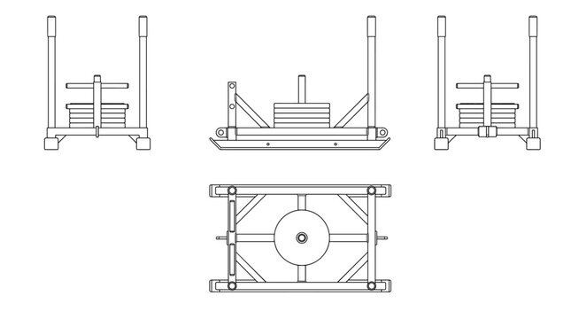 Weight sled technical drawing blueprint with front side back and top views CAD line art vector illustration