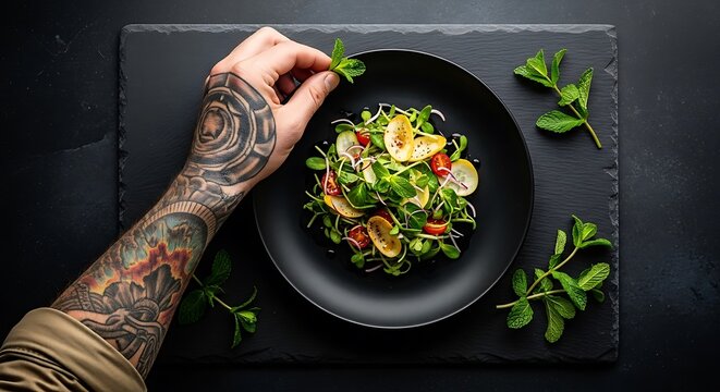 Tattooed hand holding bowl of fresh vegetable salad on dark slate surface