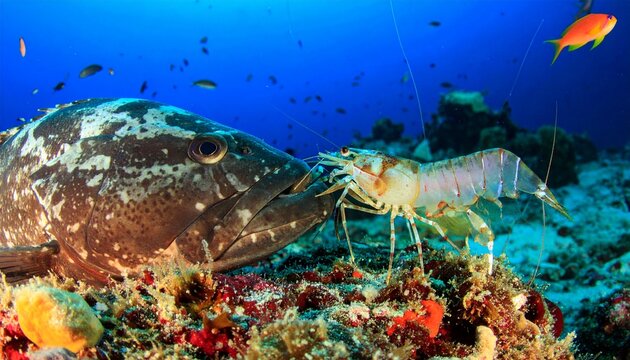 Lobster and large fish on coral reef.