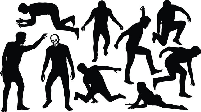 Human silhouettes in dynamic crawling crouching jumping reaching poses with skull face figure abstract motion vector illustration design