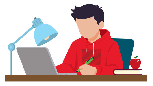 A young man in a red hoodie sitting at a desk and working on a laptop. Modern flat vector illustration style . Ideal for education, remote work, productivity, and student lifestyle concepts.