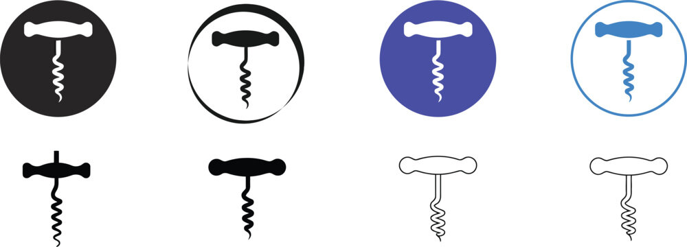 Minimalist corkscrew vector icons set, black and blue circular backgrounds, simple wine opener silhouette design for barware branding