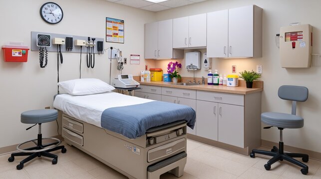 Clean and sterile medical examination room with exam table and medical equipment