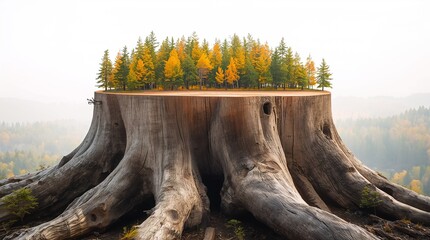 Naklejka premium Forest growing on giant tree stump with autumn colors environmental renewal concept