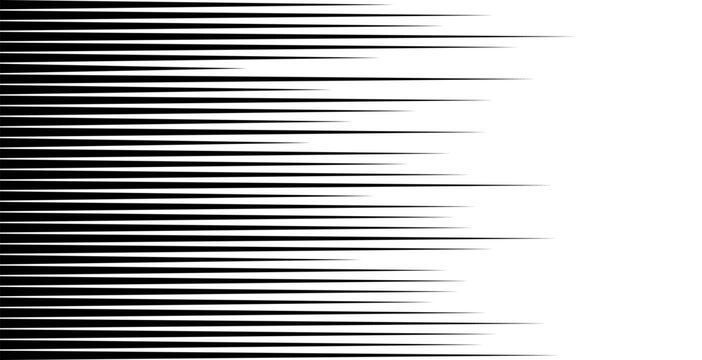 Dynamic speed lines create fast horizontal motion effect. Black and white comic style background pattern with sharp manga stripes for action scenes and graphic designs.