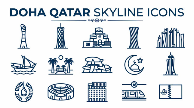 Doha Qatar Skyline Icons Set - Landmark Collection