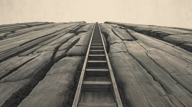 Steep metal ladder ascending textured rock cliff face upward perspective concept