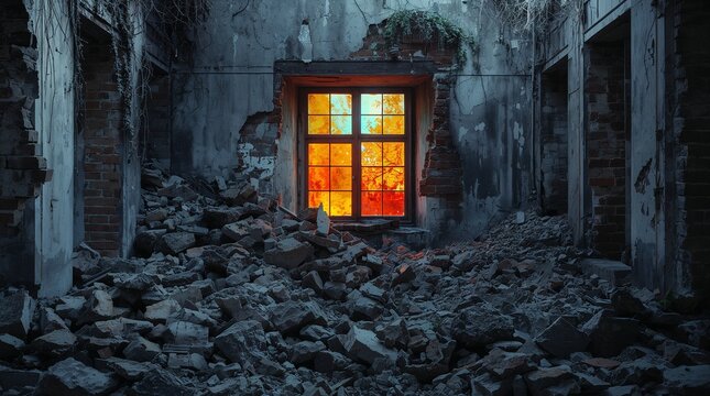 Glowing orange window in abandoned building with rubble debris ruins concept