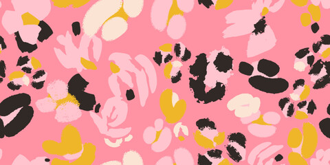 Obraz premium A seamless vector pattern of floral-leopard motifs in black, yellow, cream on vibrant pink background 