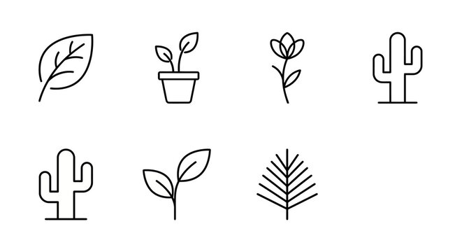 professional collection of 6 minimalist thin-line vector icons representing plant life, botanicals, and delicate greenery. Designed with highly simplified geometric forms and a very delicate constant 