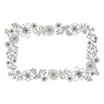 Simple floral line border with roses and leaves, rectangular frame