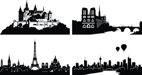 Obraz premium France Landmark Skyline Silhouette Collection Featuring Eiffel Tower Notre Dame Castle and Paris Cityscape Vector Illustration