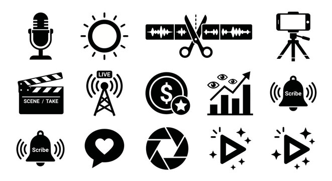 A professional collection of 12 solid black vector icons representing the creator economy, digital video editing, podcasting, and social media content production. Designed in a clean, minimalist 2D 