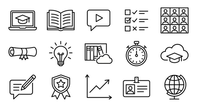 A professional collection of 15 thin-line vector icons for digital education, online courses, and e-learning platforms. Featuring minimalist black line designs on a pure white background, ideal 
