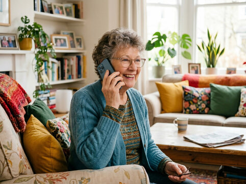 Joyful Older Woman Smiling While Talking on Cell Phone at Home