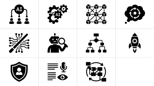 A professional collection of 12 solid black vector icons representing multi-agent systems, AI orchestration, and autonomous agentic workflows. Designed in a clean, minimalist 2D style for advanced AI 