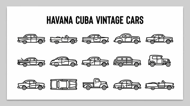Havana Cuba Vintage Cars Collection - Retro Automobile Line Art