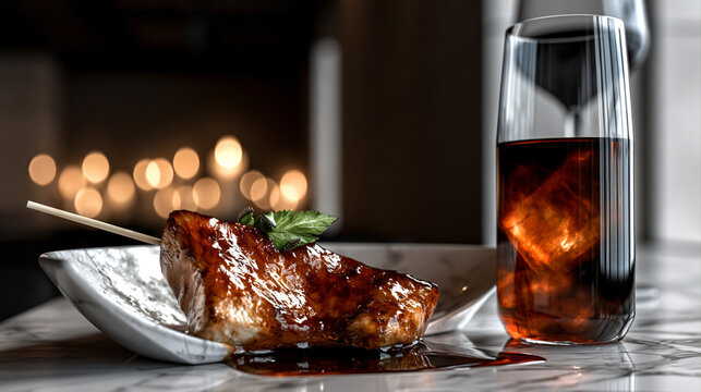 Gourmet glazed pork skewer with ice cold cola drink meat dish barbecue appetizer homemade