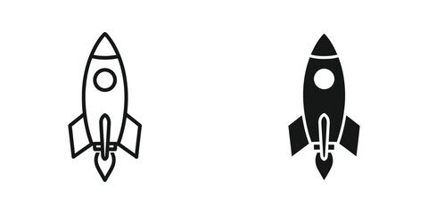 Minimalist rocket ship icon set with outline and filled versions © JASIM