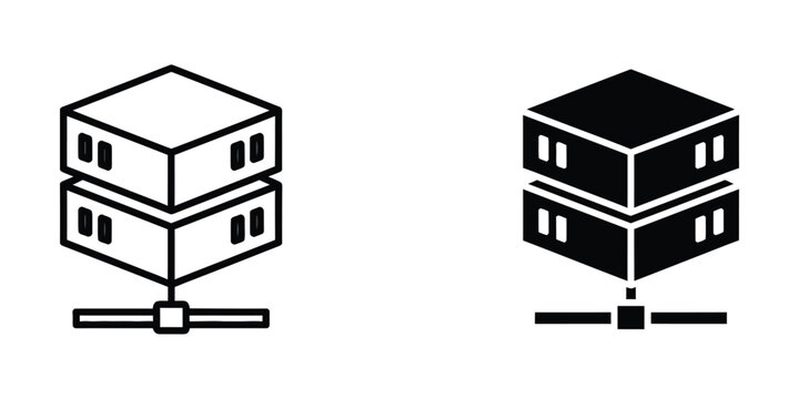 Isometric server rack and data center icon pair