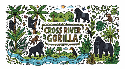 Naklejka premium Cross River Gorilla Habitat - Jungle Wildlife Illustration