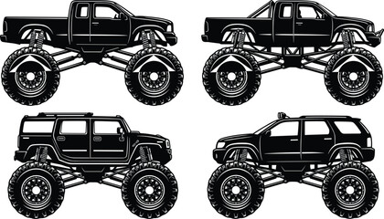 Monster Truck Silhouette Collection with Lifted Off Road Vehicles Big Tires Pickup Trucks and SUV Vector Illustrations for Automotive Design © ShuvoStock