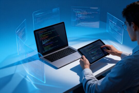 Person coding on laptop and tablet