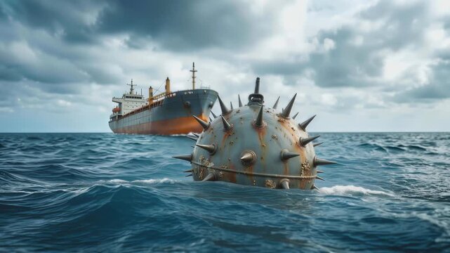 Naval mine floating in open sea with cargo ship approaching in background. Conceptual video of maritime security and naval warfare.