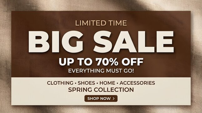 Big Sale banner with up to 70% off for clothing, shoes, home, and accessories