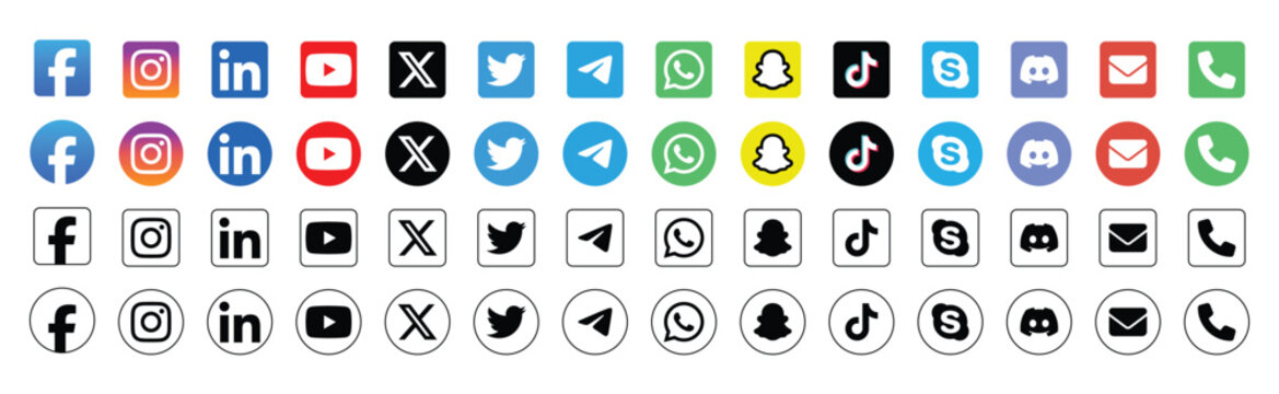 Social media icons vector set in multiple styles and colors