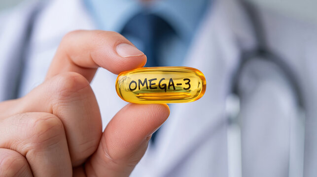 Doctor holding omega-3 fish oil supplement capsule in hand closeup medical healthcare concept