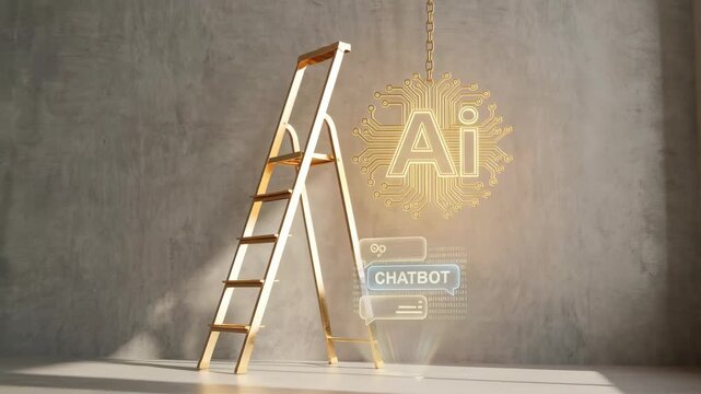 golden Metal step ladder with the golden Ai symbol hanging on the wall. Concept of Artificial Intelligence technology and Chatbot 
