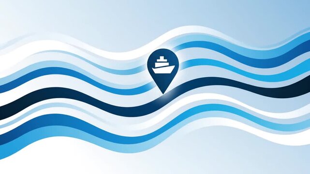Nautical journey concept depicted by a ship icon within a location pin, set against an abstract backdrop of flowing blue waves, illustrating sea routes and travel