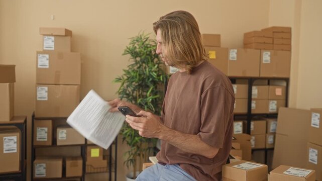 Man holding parcel and smartphone, reading invoice with hand in building packing room; order processing concentration.