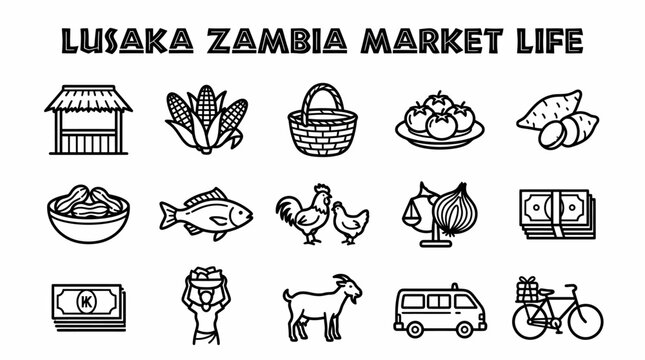 Lusaka Zambia Market Life Icons: Food, Animals, Transport, Money