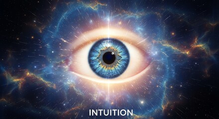 Fototapeta premium Close-up of a human eye with cosmic background and the word intuition at the bottom.