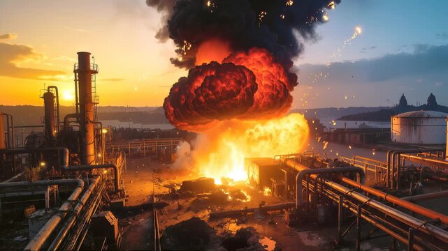Huge fireball and black smoke rising from industrial facility explosion at sunset. Lockdown wide shot.