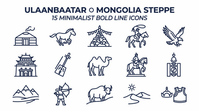 Mongolia Steppe Icons: Ulaanbaatar Travel & Culture Line Art