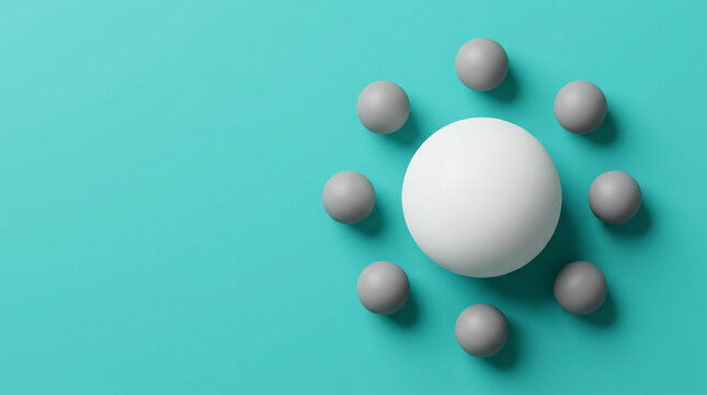 Large sphere surrounded by small spheres aerial view on vivid teal, Asia growth dominance global GDP shift regional growth WEF concept.