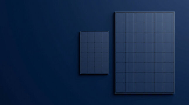 Two solar panels different sizes on deep navy, investment-led versus cost-led green transition clean energy strategy WEF sustainability concept.