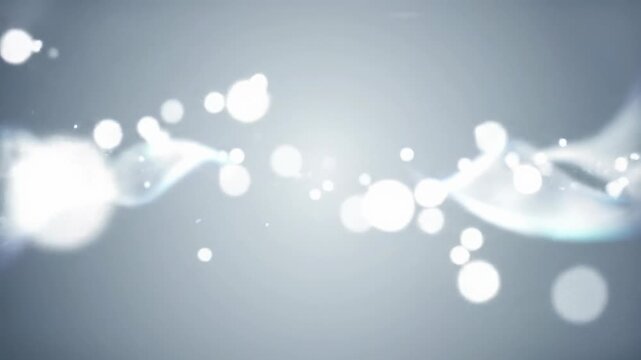 Soft, luminous particles and flowing light patterns drift across a white and light grey gradient backdrop with soft bokeh and high-key lighting. Serene minimalist concept.