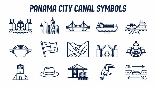 Panama Canal Symbols: Ships, Bridges, Locks, City Icons