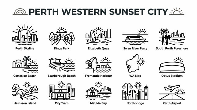 Perth Western Sunset City Icons - Landmarks and Attractions