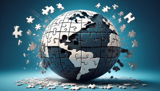 3d rendered dark globe assembled from white puzzle blocks with pieces breaking away against a soft blue background evoking global connectivity fragmentation and technological transformation