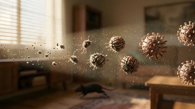 Microscopic virus particles floating in the air with a mouse in a living room. Concept of airborne hantavirus transmission, indoor air quality, and zoonotic disease risk in households