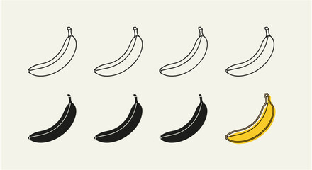 Five stylized bananas transition from white outline to fully colored with yellow peel. © SALEHA STOCK